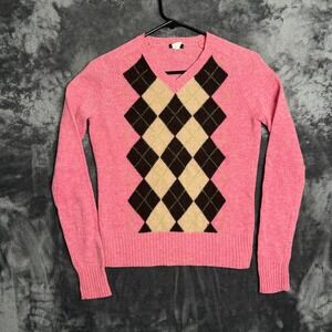 J. Crew Lambswool Argyle V-Neck Sweater Pink Brown Preppy Knit Pullover Womens S